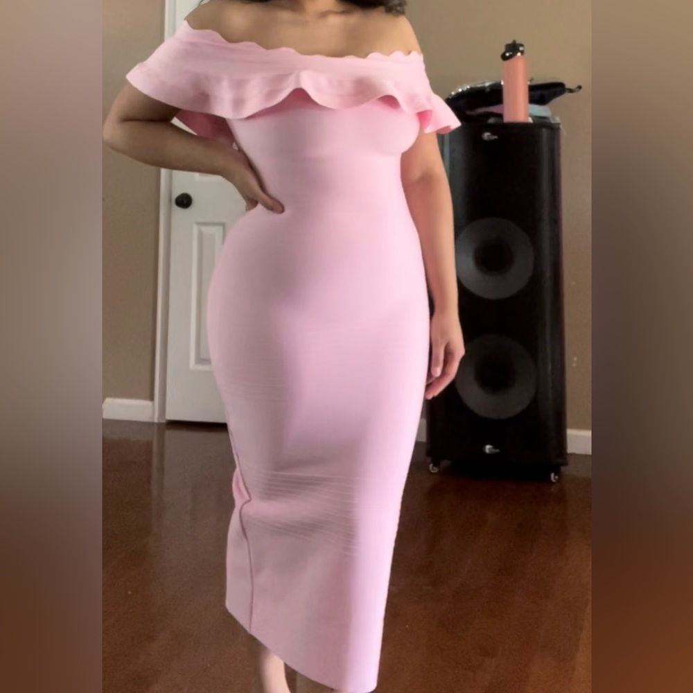 Off shoulder pink bandage dress